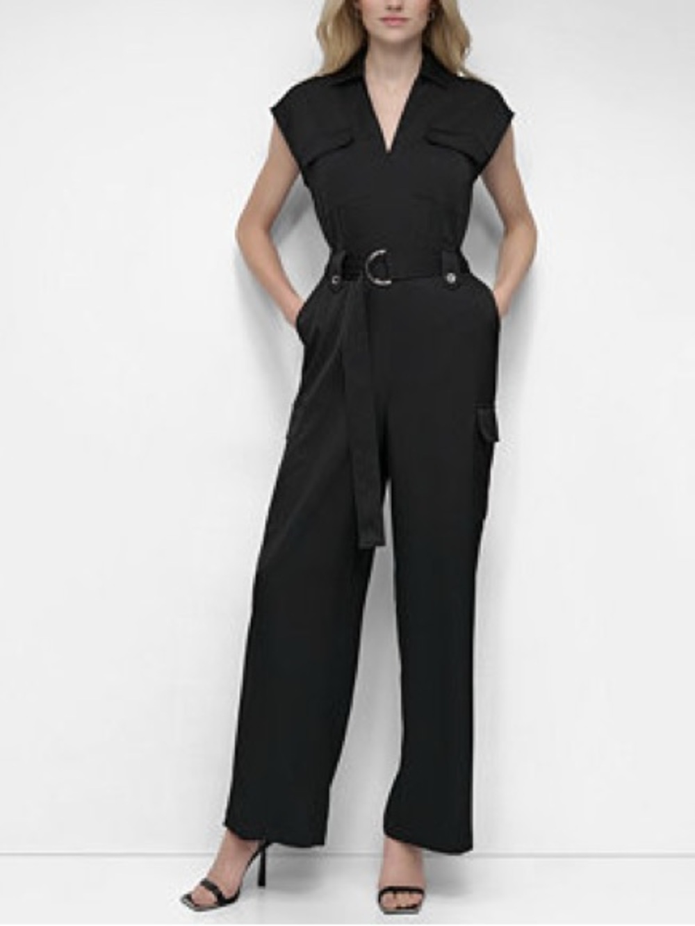 NWT DKNY Women’s Size 16 Belted Cargo Utility Jumpsuit Cap Sleeve 32”